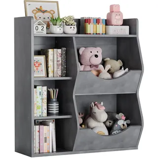 Garvee Kinderregal Spielzeugregal Bücherregal Kinder Spielzeug Aufbewahrung 3-Stufig mit 5 Fächern für Kinderzimmer Spielzimmer Kindergarten 81 * 30 * 92 cm Grau