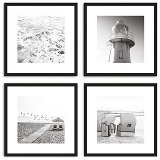 artissimo Bild mit Rahmen Design-Poster-Set mit Rahmen 4x30x30cm Bilder-Set gerahmt schwarz-weiß, Schwarz-Weiß Fotos: Strand und Meer schwarz