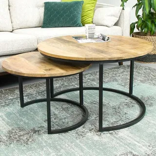 2er Set Couchtisch Mangoholz rund Metall Mango Satztische Sofatisch schwarz