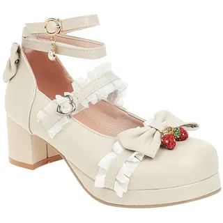 Generisch Wunderschöne Prinzessinnenschuhe für große Mädchen, zum Schnüren, Material, mit Schleife, verziert, dicke Absätze, High Heels, Party, Hochzeit, Abschlussball - 33.5 EU