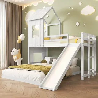 Flieks Etagenbett 90x200/140x200, Kinderbett mit Rutsche und Lattenrost, Hochbett mit Rausfallschutz, Holzbett Stockbett Bodenbett, Weiß - Weiß
