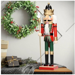 ECD Germany Nussknacker Nussknacker Figur Soldat Weihnachten Holzfigur König Puppet Marionette, 38cm schwarze Krone Zepter Holz handbemalt grün|rot|schwarz