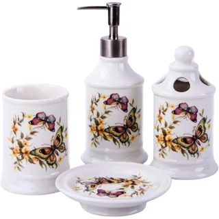 Landhaus Vintage Keramik Badset (Schmetterlinge) Badezimmerset Badezimmer Badeset Set Bad Zubehör, Seifenspender, Zahnbürstenhalter, Seifenschale, Zahnputzbecher Badgarnitur Garnitur (4er Set)