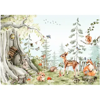 Vlies Fototapete Kinderzimmer, Wald Waldtiere Bäume Tapeten für Kinder Babyzimmer Tapeten wandtapete Tapete nach Maß 1m2