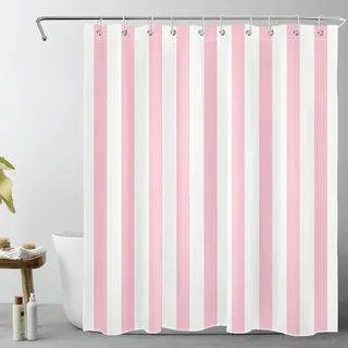 LB Rosa und weiß gestreift Duschvorhang 120x175cm Einfache geometrische Kunst Antischimmel Wasserdicht Badezimmer Vorhänge, Minimalist Extra Kurz Polyester Stoff Bad Vorhang mit Haken