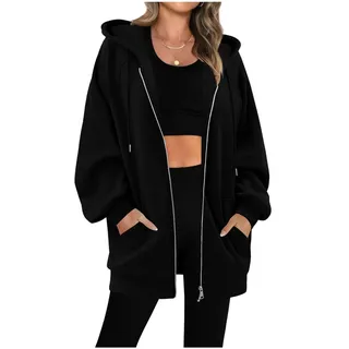 Sweatjacke Damen mit Kapuze Dünne Fleecejacke Kapuzenpullover Zipper Hoodie Lange Jacke Leicht Übergangsjacke Elegant Einfarbig Kapuzenjacke mit Taschen Strickjacke Casual Sweatshirt Locker Pullover - M