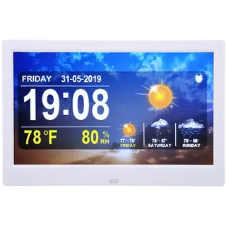10-Zoll-WiFi-Wetteruhr mit Datum und Uhrzeit, Temperatur- und Luftfeuchtigkeitsanzeige, Wecker mit Fernbedienung, Alarm, Fotos, Videos, Musik-Player (EU-Stecker)
