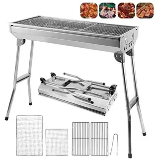 OHMG Holzkohlegrills XXL,Tragbar Edelstahl BBQ Holzkohlegrill Faltbar Räuchergrill Faltbar für Kochen im Freien Camping Wandern Picknick Klappgrill Standgrill,mit Griff,5-10 Personen