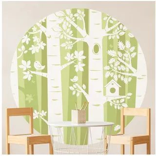 Bilderdepot24 Vliestapete rund Bäume Wald Grün Kinder Vögel Illustration, Glatt, Matt, (Vliestapete selbstklebend), Kinderzimmer Babyzimmer Wandtattoo Fototapete Klebe Wandtapete grün 75 m x 75 m