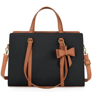 NEWHEY Handtasche Damen Shopper Damen Große Schwarz Tasche Damen Laptoptasche 15.6 Zoll PU Leder Umhängetasche Arbeitstasche für Business Arbeit Schule (Schwarz und Braun) - 42 cm x 15 cm x 30,5 cm