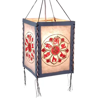 Lokta Papier Hänge Lampenschirm, Deckenleuchte, Glückszeichen weiß/rot | Handgeschöpftes Naturpapier, warmes Licht, unebene Oberfläche, ideal für gemütliche Räume, traditionelles Design.