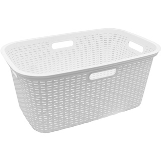 HRB Wäschekorb Plastik Rattan Optik, 40 L Wäsche Box Volumen, Wäschesammler mit 58,5 x 39 x 26 cm Außenmaß, Wäsche Sortierer groß, Aufbewahrungskorb (1, Weiß)