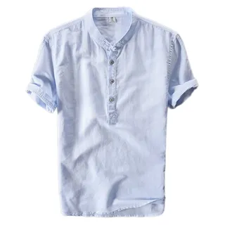 GIBZ Leinenhemd Herren Leinen Hemd Kurzarm Sommerhemd Herren Henley Freizeithemd, Hellblau, XXL