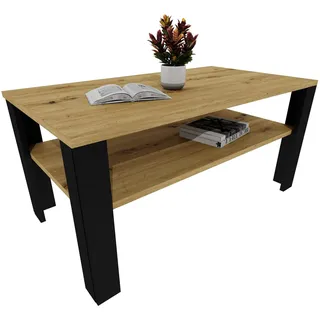 TREND WERK Couchtisch mit zusätzlicher Ablagefläche in 53×53×47 cm und 92×50×45 cm (Moderner Wohnzimmertisch im Retro Loft Design), Stabiler Beistelltisch für Wohnzimmer, Büro & Lounge braun|schwarz 92 cm x 45 cm x 50 cm