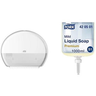 Tork 555000 Spender für Mini Jumbo Toilettenpapier T2 in Weiß/Hygienischer Toilettenpapierspender im Elevation Design & Mild Duftende Hand Flüssigseife S1, Frischer Duft, 1 Flakon, 1 ml, 420501