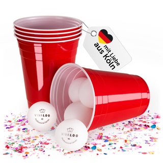 Vivaloo 250 Partybecher wiederverwendbar + 24 Bälle - Original American Red Cups Trinkbecher - Getränkebecher spülmaschinenfest - rote Party Plastikbecher - Festival Zubehör - Festival Gadget