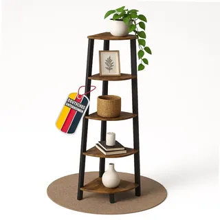 Mein-Regal Eckregal Vintage, Braun, Metallregal schwarz mit Holz Regalbrett | 159 cm hohes Bücherregal, 3-seitiges Standregal, offenes Wandregal 5 Ablagenflächen, Regal konische Form