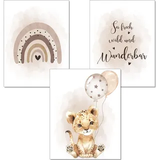 artpin® Poster Kinderzimmer Deko - A4 Bilder Babyzimmer in Sand für Jungen Mädchen - Safari Dschungel Tierposter Luftballon Tiger Beige (K6)