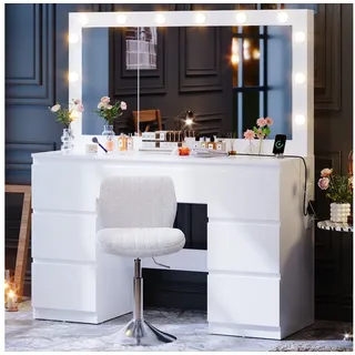Furnicopia Schminktisch Großer verspiegelter Schminktisch mit sieben Schubladen (Abmessungen: 120 × 40 × 140 cm, 2 Steckdosen, 1 USB-Anschluss, 1 Typ-C-Anschluss. Spiegeldurchmesser: 106 cm. Inklusive Schmuckschrank mit speziellen Fächern für Halsketten, Ringe und Ohrringe-ostern geschenke) Schminktisch mit weiBem Hocker | 120 cm