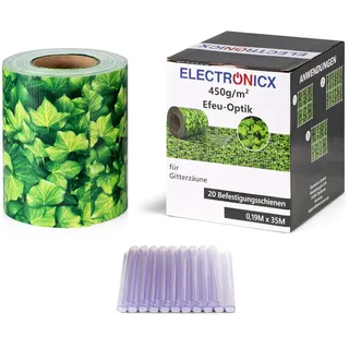 Electronicx PVC Sichtschutzstreifen Efeu | Sichtschutz Zaunfolie Doppelstabmatten | 35m x 19 cm | 450g/m2 | UV-beständig, Blickdicht, inkl. 20 Befestigungsclips für Gartenzaun