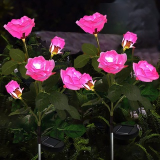eaaerr Solarlampen für Außen Garten 2 Stück Solarleuchten Garten Außen mit 10 größere Rosenblüte -Wasserdicht LED Solarleuchten Garten Deko für Büsche,Rasenflächen,Zäune,Balkonkasten(Rosa)