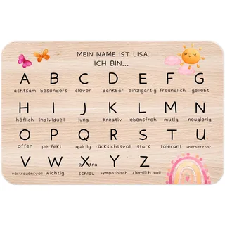 wunderwunsch - Individuelles Holzbrett ABC zur Einschulung mit Hochwertigem UV-Druck - Personalisiertes Frühstücksbrettchen - Geschenk Schulanfang