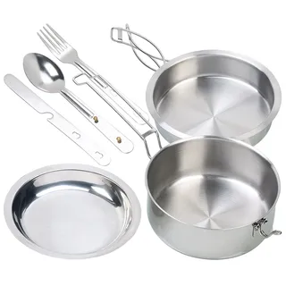Semptec Urban Survival Technology Camping Topf: 6-teiliges Edelstahl-Camping-Kochgeschirr-Set mit Besteck (Kochset, Topf Edelstahl, Zelt)