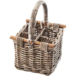 Kobolo Flaschenträger PULLO, 24x24x36 cm, grau, Rattankorb für 4 Flaschen, Stabiler & dekorativer Henkelkorb aus Naturmaterial zur stilvollen Flaschenaufbewahrung & Transport