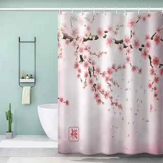 AOLIGL Duschvorhang 180x200 cm Rosa, japanische Kirschblüte Duschvorhang Ohne Bohren Duschvorhang Textil Weiß Schwarz Grau Grün Blau Badezimmer Vorhänge Hohe Qualität, Color6