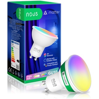 NOUS P8 Smarte WIFI Glühbirne RGB GU10, Kompatibel mit Matter, Alexa, Google Home & Apple HomeKit, Smart Home, Fernbedienung, LED Lampe Farbwechsel, Glühbirne Farbwechsel, RGB Glühbirne, 2.4 GHz WiFi