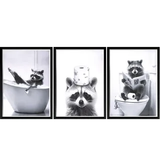 TranRantic 3 Stück Bilder Badezimmer Deko, Waschbär Badezimmer Bilder | Lustiges Schwarz-Weiß Tier Leinwand, 21cm*30cm, Lustige Wand Deko für Toilette Room Waschraum Deko- Ohne Rahmen