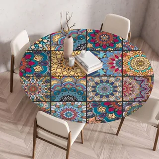 Mateju Outdoor Runde Fitted Tischdecke, Wasserdicht Lotuseffekt Gartentischdecke Abwaschbar Wischbare Gummiband Tischdecke Elastisch Rund Tischdecken (Blau Boho,90cm)