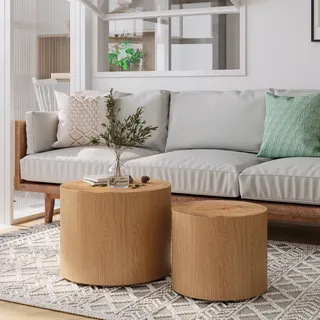 Satztische 48x48x38/38x38x32 Cm Naturholz Aus Massivholz Und Mdf Mit Echter Baumscheibe, 2er-set