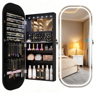 LVSOMT LED Oval Schmuckschrank Hängend, Wand/Tür Hängend Schmuckschrank mit Spiegel, Abschließbarer Schmuck Schrank mit 3 Farben Licht Ganzkörperspiegel Rund, Höhenverstellbarer Haken, Schwarz