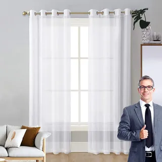 LIUNADM Gardine Halbtransparent mit Ösen 100 x 125 cm Polyester, mit Ösen Transparent Scheibengardinen Kurzgardinen Bistrogardine für Küche Wohnzimmer Landhaus, Weiß