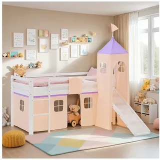 Homestyle4u Hochbett mit Rutsche 90 x 200 cm Kiefer lackiert weiß lila