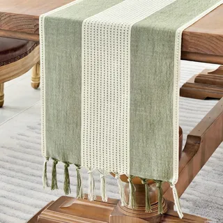 Wracra Makramee Baumwolle Leinen Tischläufer 150cm lang mit Hand-Quasten Kaffee Tisch Läufer, Bauernhaus-Stil Tabelle Läufer für Urlaub Parteien und alltäglichen Gebrauch(Salbeigrün, 150cm)