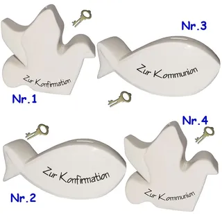 Spardose - Zur Konfirmation - mit Schloss - weiß + Schlüssel - aus Porzellan/Keramik - stabile Sparbüchse - Sparschwein - ideal zum Bemalen & Bekleben /..