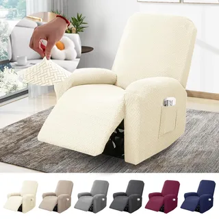 1-sitzer Sessel Überzug, Sesselbezuge Stretch Mit Taschen, All-inclusive Streifen-jacquard Sesselschoner Für Fernsehsessel Relaxsessel Sesselhusse (beige, 4-teilig)