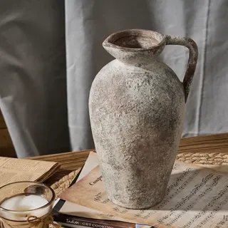 Antike Keramikvase Von Bardusch, 24 Cm, Aus Terrakotta Mit Henkel, Gealtertes Graues Design, Für Den Bohème-stil