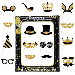 YunBey 16 Stück Foto Requisiten Geburtstag mit Aufblasbarer Bilderrahmen Geburtstag Schwarz Gold Wiederverwendbare Lustige Fotobox Accessoires für Geburtstagsfeiern