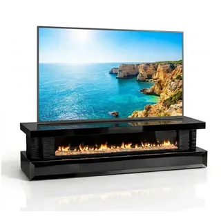 HOOZ TV-Schrank TV Lowboard mit Kamin – modernes Design Schwarz eckig 200 cm (Einzelprodukt, 1-St., TV Möbel Einzelmöbel) 3D-Flammenoptik, Push-Open Schubladen, hochglänzende Glasoberfläche schwarz