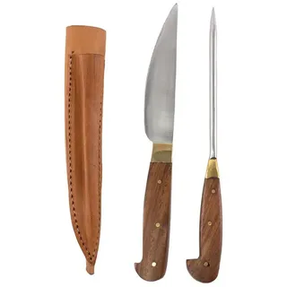 Vehi Mercatus Besteck-Set Mittelalter-Besteck Set Typ 6 mit Doppellederscheide Holzgriff, 1 Personen, Leder, Kohlenstoffstahl, Edelstahl, Holz braun
