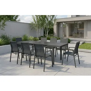 STERN New Top Garten-Essgruppe, anthrazit, Alu / Glas / Textil, Tisch 180/240x100cm, 8 Stapelsessel