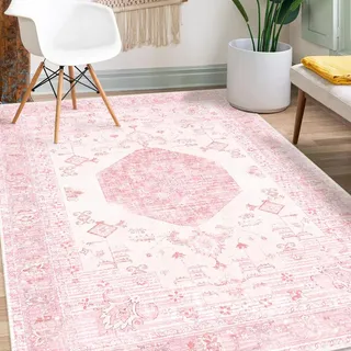 Waschbarer Boho-Teppich, 150 x 200 cm, Rosa, Weiß, großer Wohnzimmerteppich, rutschfest, weich, orientalisch, Vintage-Farbe, Schlafzimmer, Teppich, Esszimmer, Kinderzimmer, Zuhause, Büro,