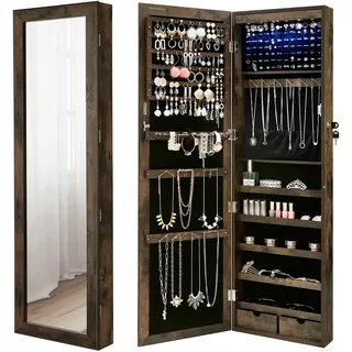 SONGMICS Schmuckschrank, Wand-Aufbewahrungsmöbel für Halsketten, Ohrringe, Zubehörschrank, mit Spiegel, verschiedene Fächer, abschließbar, rustikales Braun JJC93CB