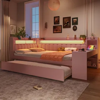 BTM Jugendbett 140x200 mit Schreibtisch Gepolstertes Tagesbett mit USB-Anschlüssen und LED-Gürtel, Kinder Ausziehbett Daybed, Rosa