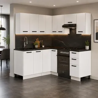 ULWEHOME | Eckküche 300 cm Mattweiß, L-Küche Küchenmöbel-Set Weiß Matt mit Eckschrank, Hängeschränken & geteilten Arbeitsplatten 160 cm - Weiß