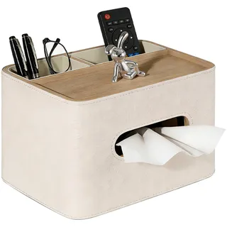 GAOUTO Taschentuchbox Box mit 2 Fächern: 19×16×12cm PU LederVielseitiger Kosmetiktücherbox Organizer, Mehrzweck Tissue Box, Taschentuchspender, für Wohnzimmer, Büro, Zuhause (Beige)