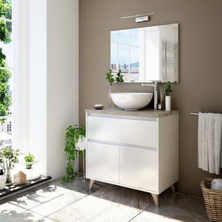 Dmora Berkeley Waschbeckenunterschrank für Badezimmer mit 2 Türen und 1 Schublade, Standschrank, Waschbecken Nicht im Lieferumfang enthalten, 78,5 x 46 x 80 cm, Weiß glänzend und Olmo